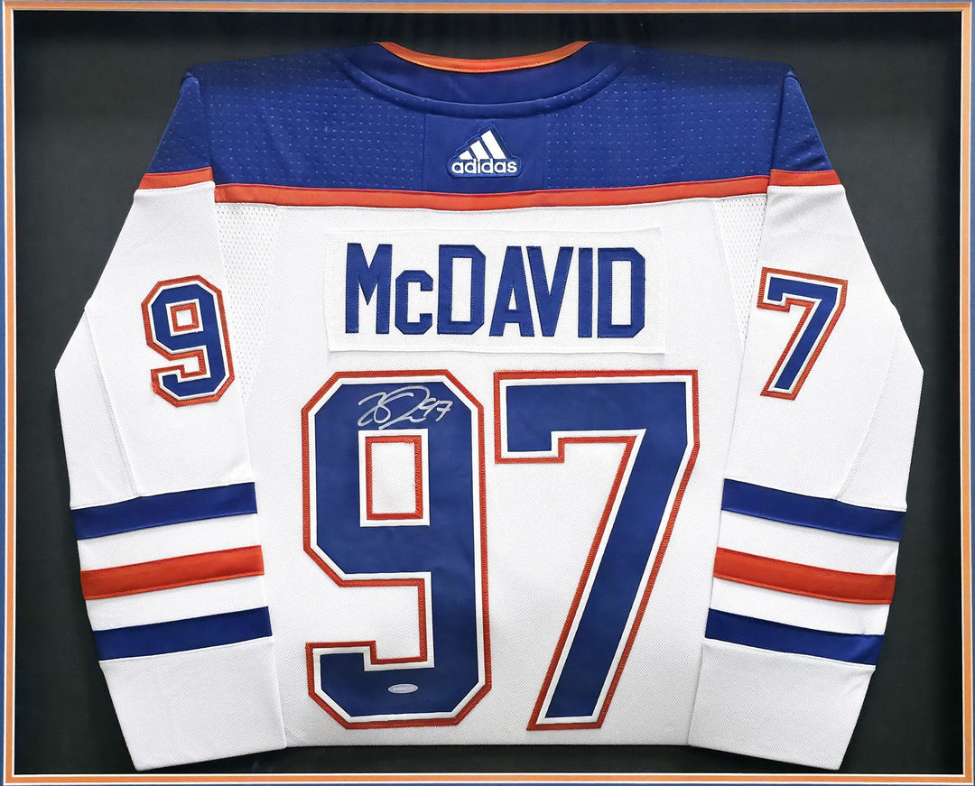 Edmonton Oilers Connor McDavid Signed Framed White Auth Adidas Jersey UDA Holo