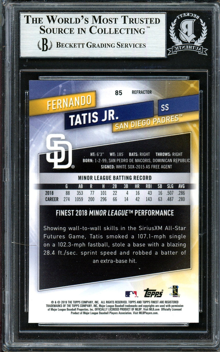 Fernando Tatis Jr. Signed 2019 Topps Finest Refractor RC 85 (Bubbling) Beckett
