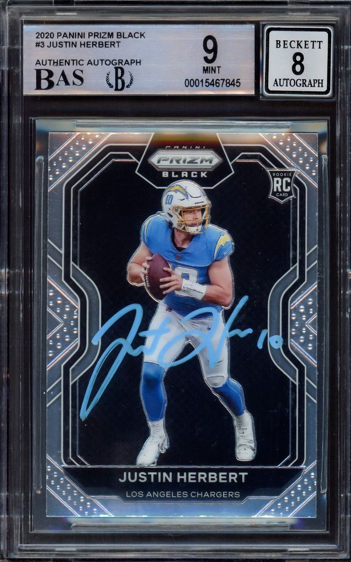 Justin Herbert Signed 2020 Panini Prizm Black RC 3 Chargers BGS 9 Sig 8 Beckett