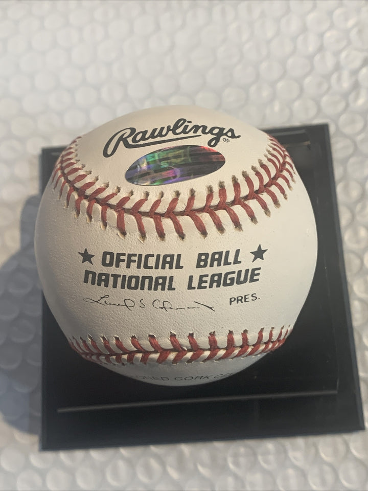 ERNIE BANKS SIGNED NL BASEBALL INSCRIBED LET'S PLAY TWO Autograph Cubs Steiner