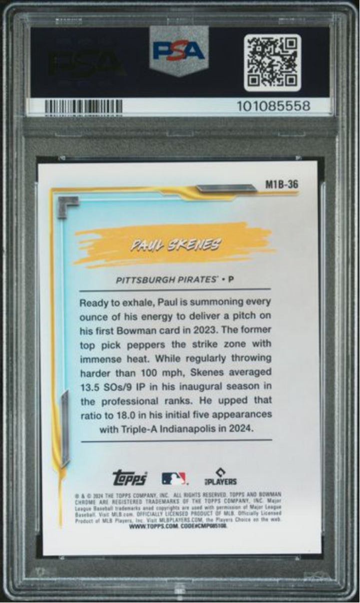 Graded 2024 Bowman Chrome Paul Skenes #M1B36 1st Mini Diamond Rookie Card PSA 10