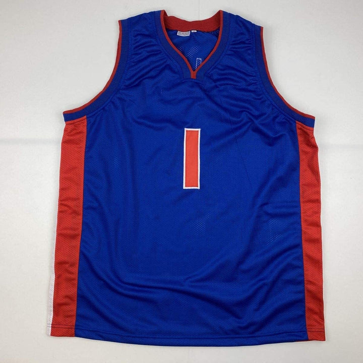 Autographed/Signed Chauncey Billups Detroit Blue Basketball Jersey JSA COA