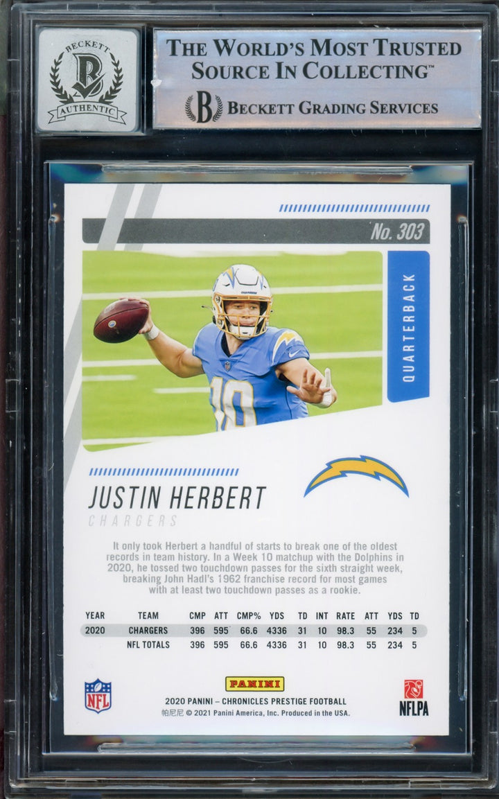 Justin Herbert Signed 2020 Panini Prestige RC 303 Chargers Auto GM 10 Beckett