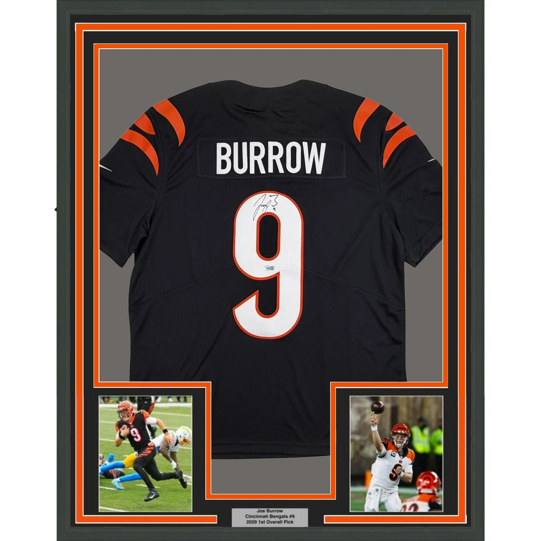Framed Autographed/Signed Joe Burrow 35x39 Bengals Blk Jersey Fanatics COA
