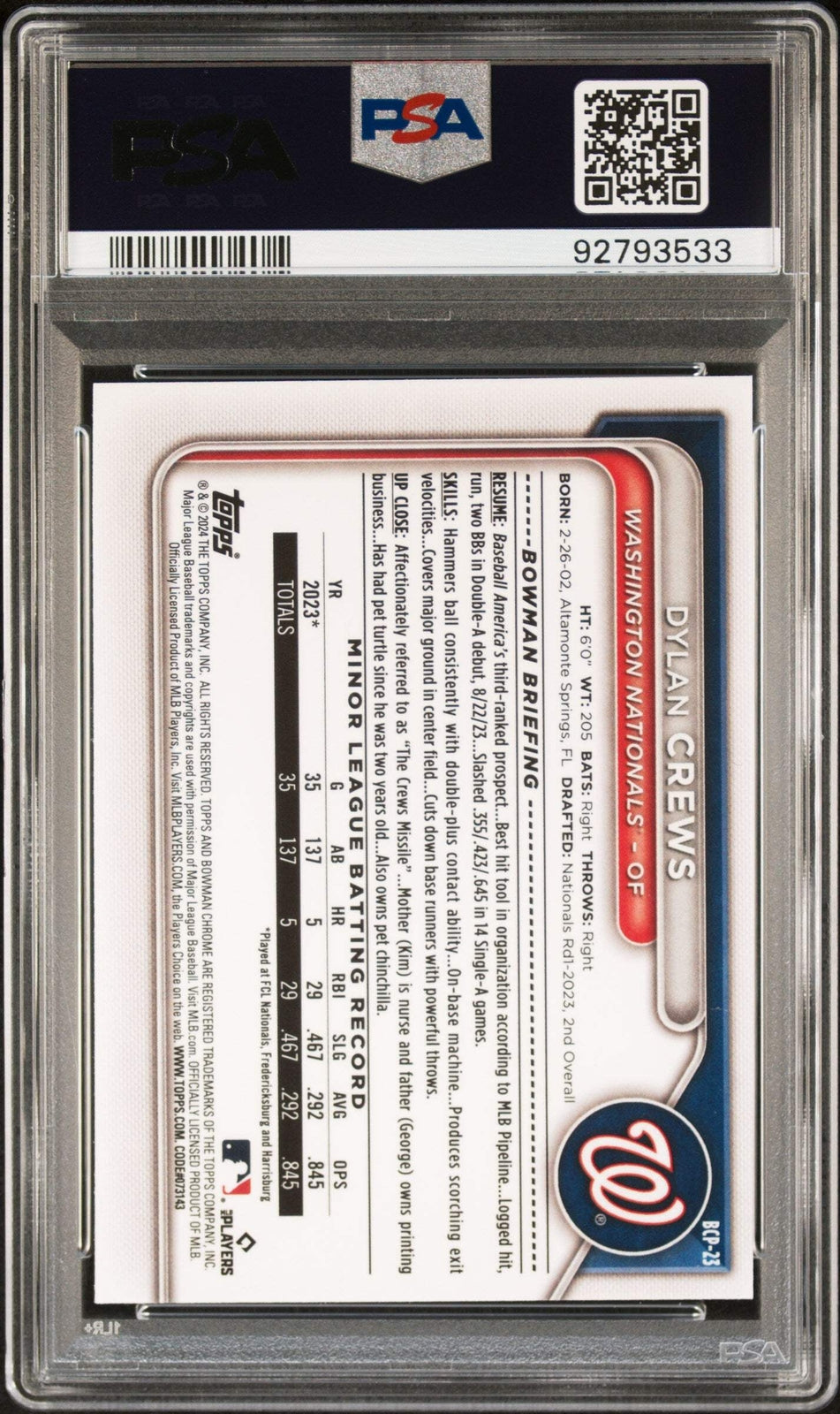 Graded 2024 Bowman Dylan Crews #BCP23 Chrome Prospects RC Baseball Card PSA 10
