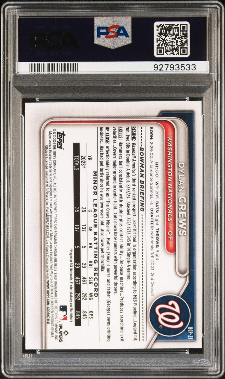 Graded 2024 Bowman Dylan Crews #BCP23 Chrome Prospects RC Baseball Card PSA 10