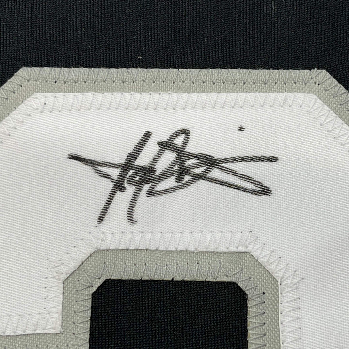 FRAMED Autographed/Signed HAROLD BAINES 33x42 Chicago Black Jersey Beckett COA