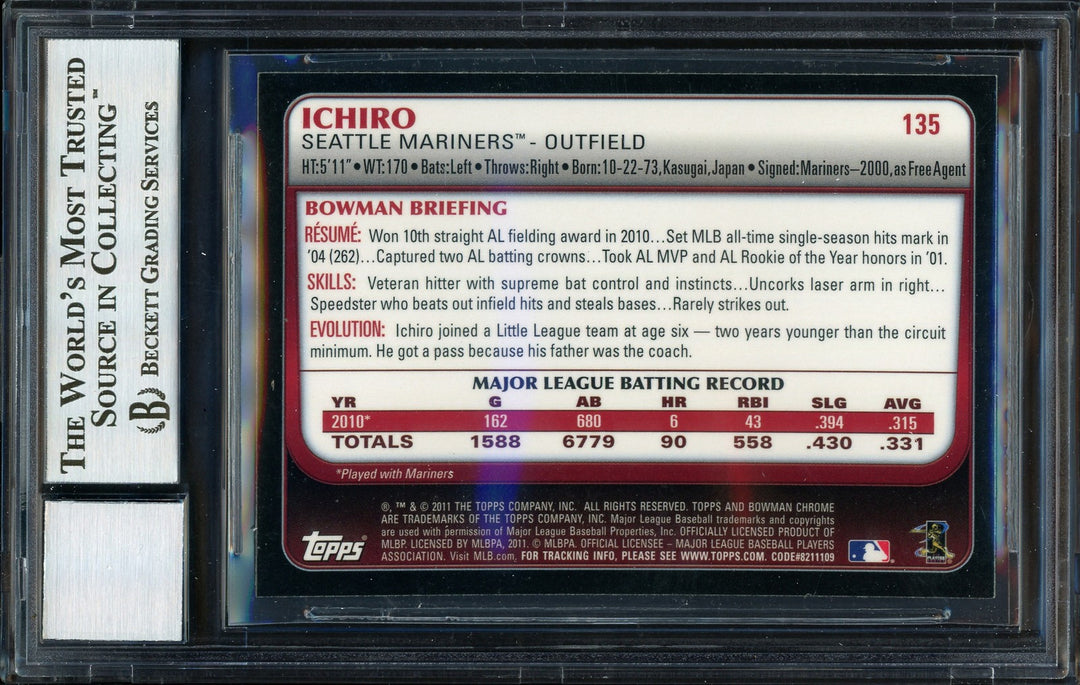 Ichiro Suzuki Auto Signed 2011 Bowman Chrome Card 135 Mariners Auto 10 Beckett