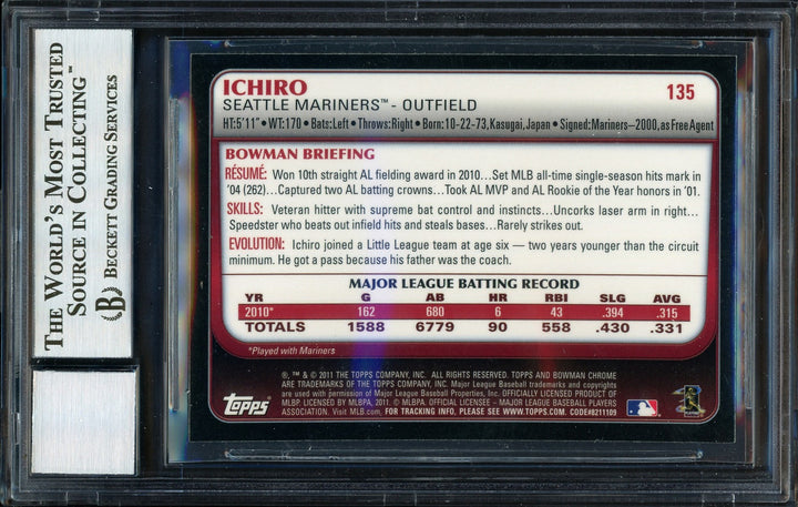 Ichiro Suzuki Auto Signed 2011 Bowman Chrome Card 135 Mariners Auto 10 Beckett