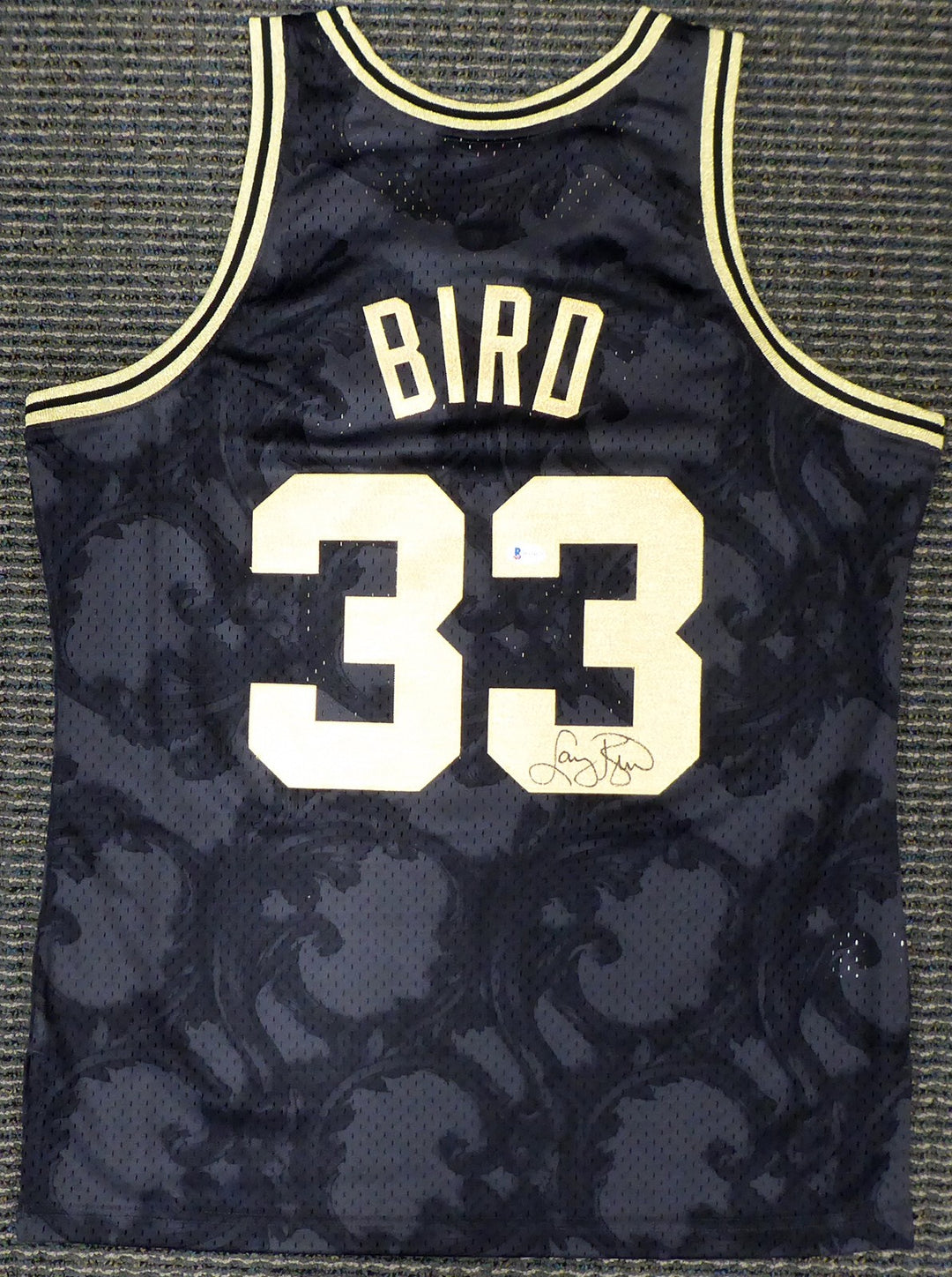 Celtics Larry Bird Auto Black Mitchell Ness Gold Toile Swingman Jersey L Beckett