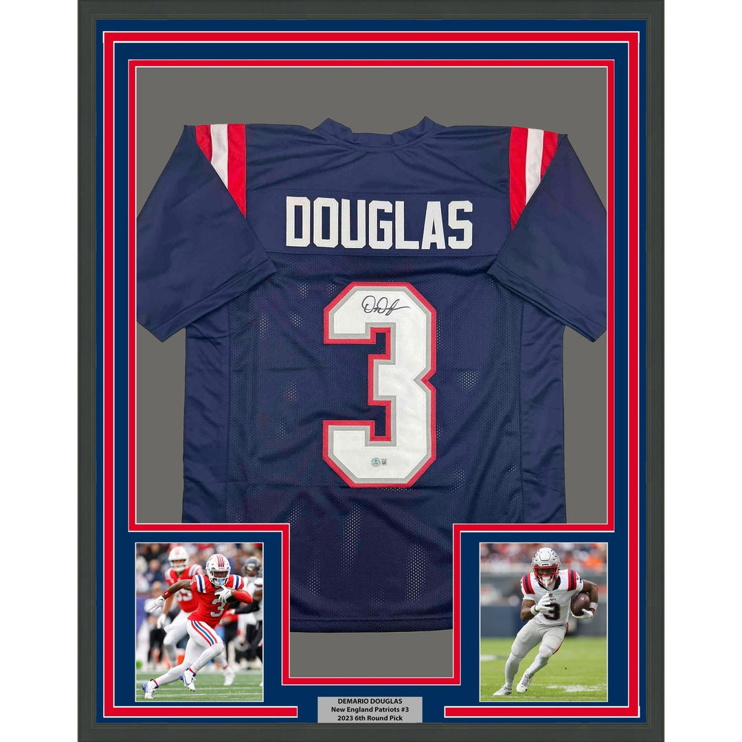 Framed Autographed/Signed DeMario Douglas 35x39 New England Blue Jersey COA