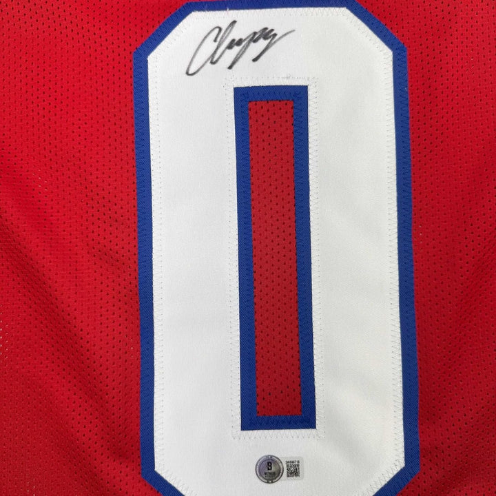 Framed Autographed/Signed Christian Gonzalez 35x39 NE Red Jersey BAS COA