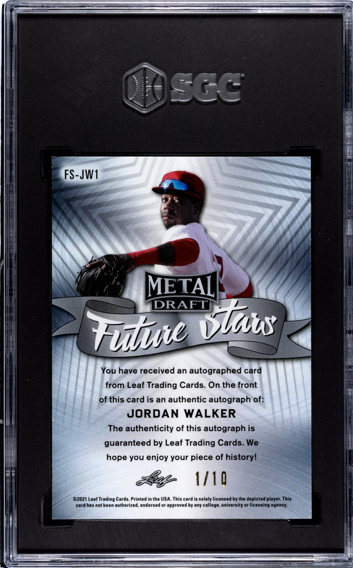 Jordan Walker signed 2021 Leaf Metal Draft Blue Mojo Rookie Auto Card- SGC 8.5