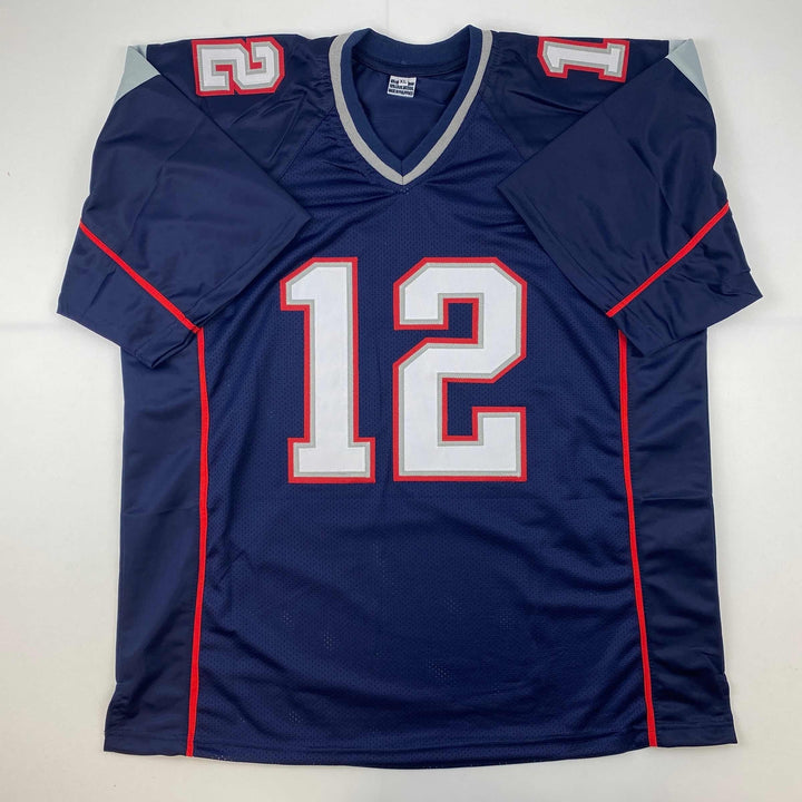 Facsimile Autographed Tom Brady New England Blue Reprint Jersey Size Men's XL