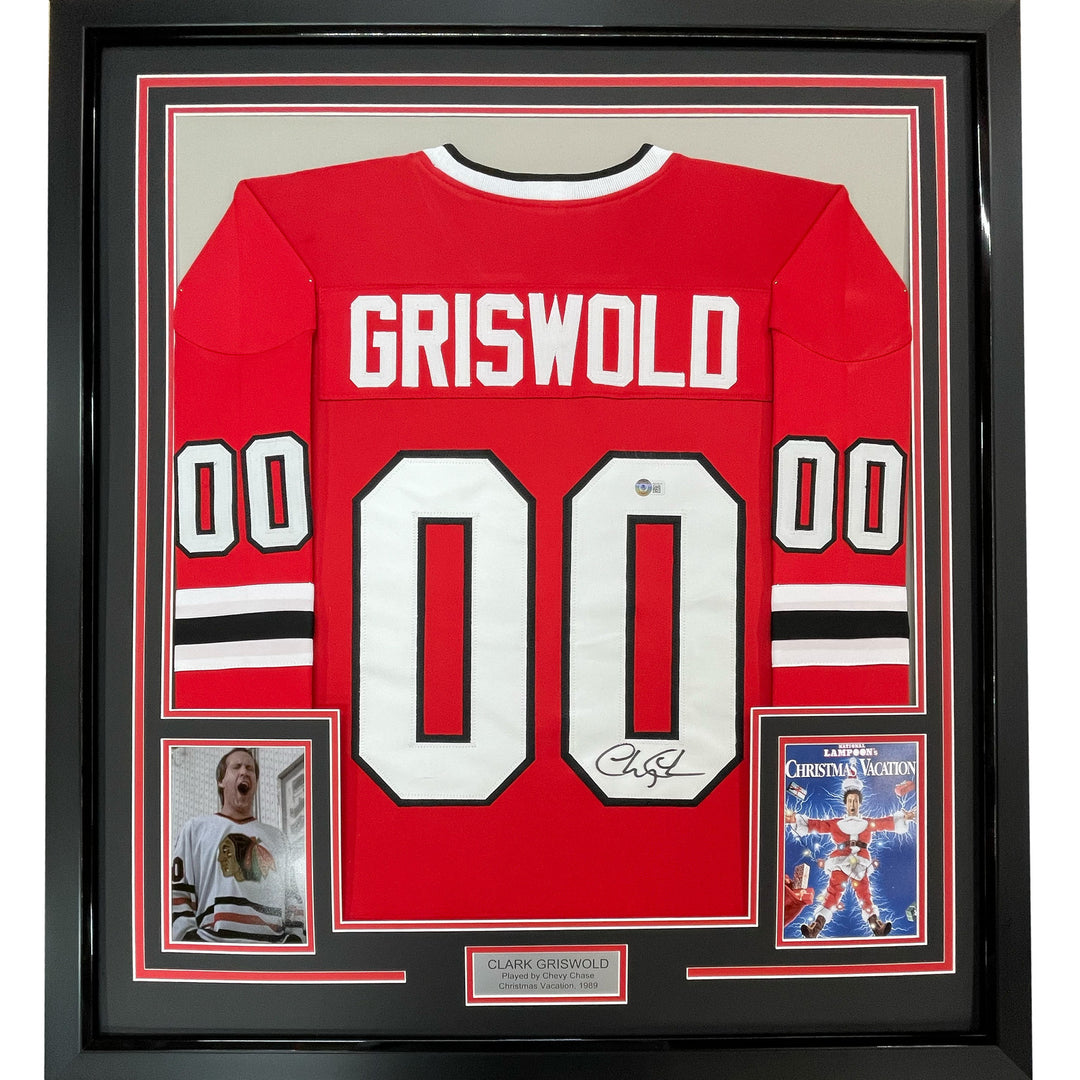 Framed Autographed Chevy Chase Griswold 33x42 Christmas Vacation Jersey BAS COA