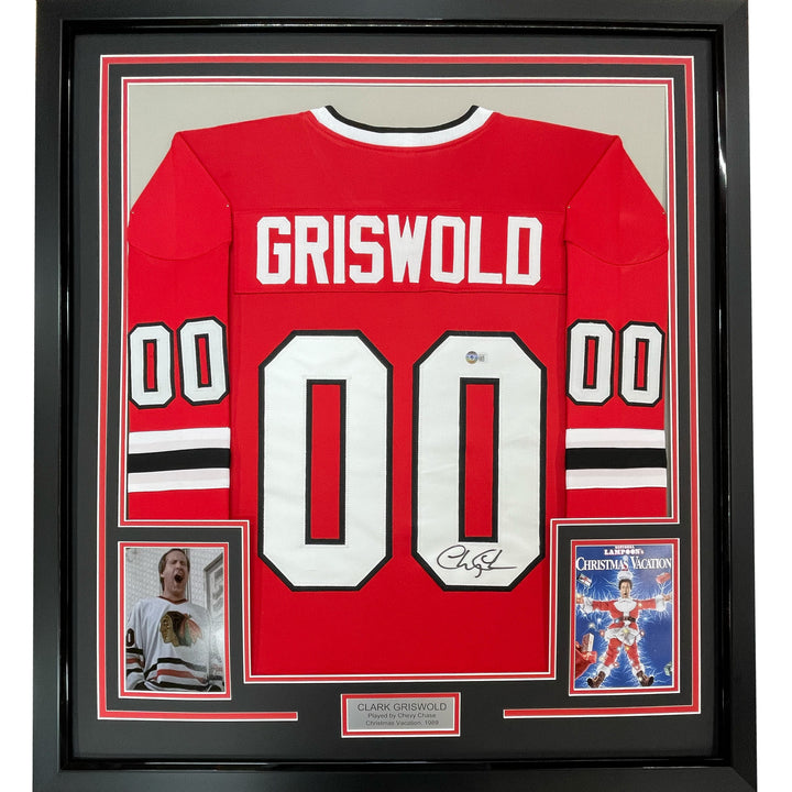 Framed Autographed Chevy Chase Griswold 33x42 Christmas Vacation Jersey BAS COA