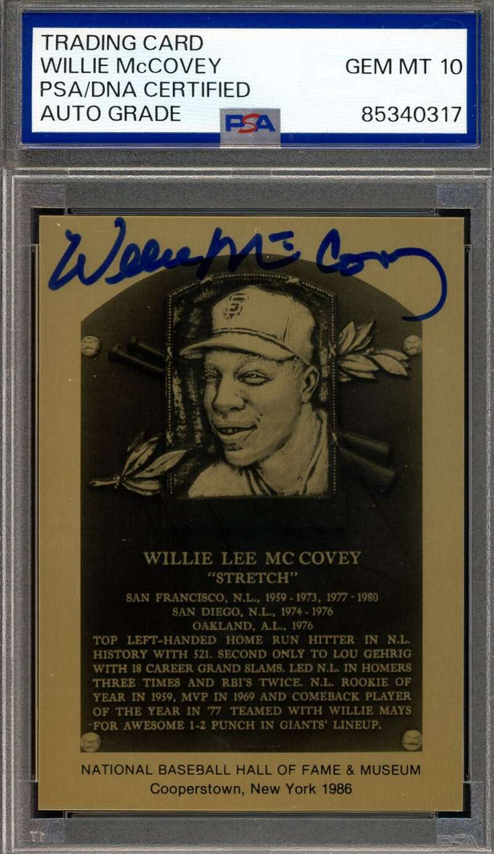 Willie McCovey Gem Mint 10 PSA DNA Signed Gold Metallic Hall of Fame Plaque Auto