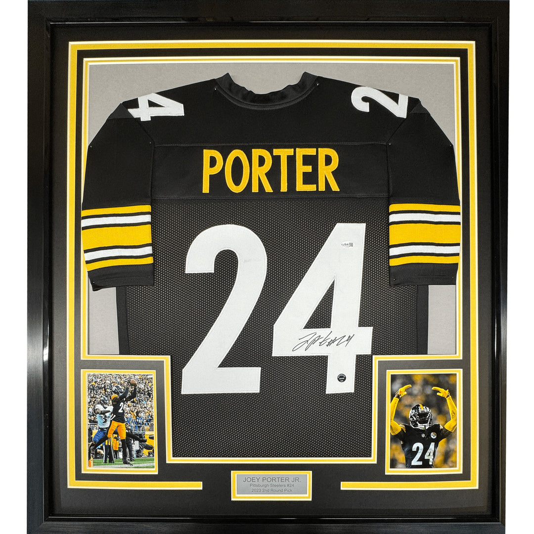 Framed Signed Joey Porter Jr. 35x39 Pittsburgh Black Jersey JSA COA