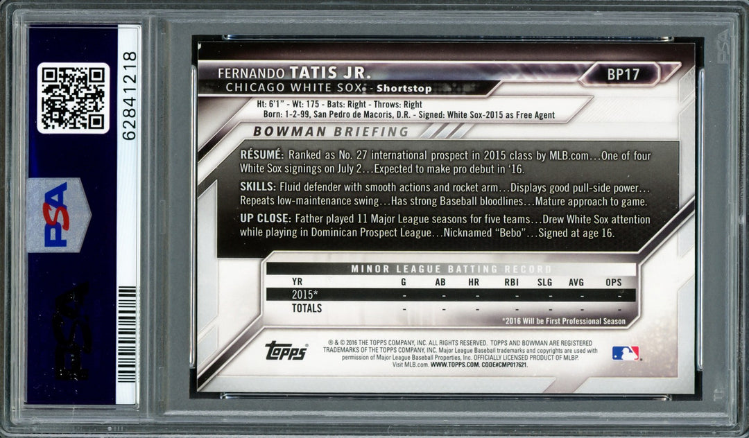 Fernando Tatis Jr. Auto 2016 Bowman Prospects RC BP17 Padres PSA 8 Sig 9 PSA/DNA