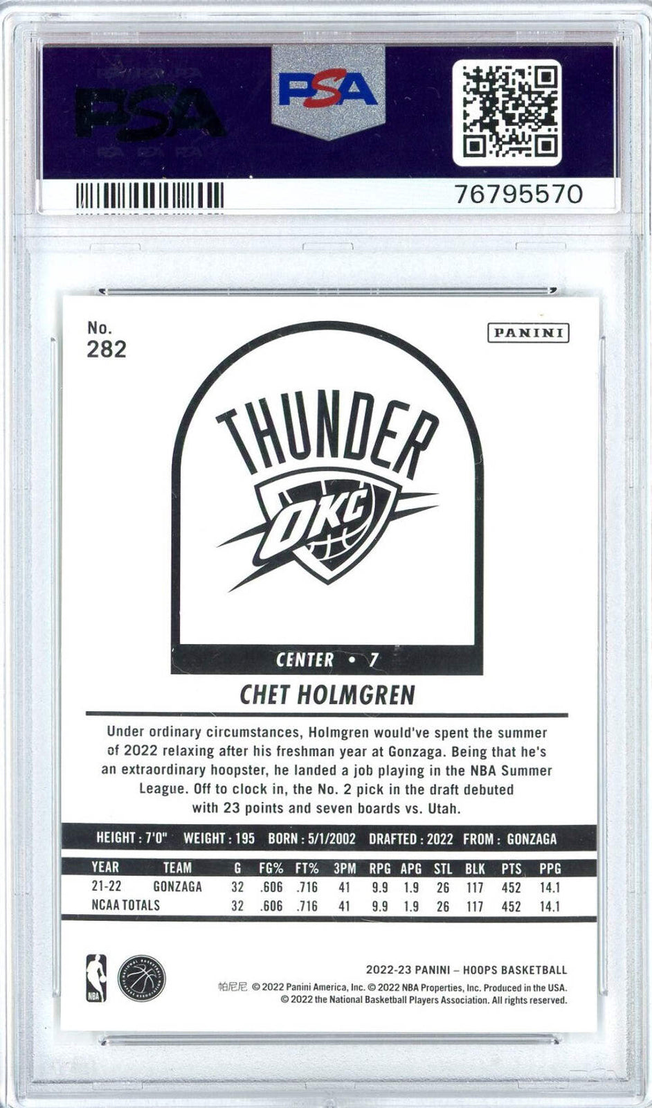 Graded 2022 Panini NBA Hoops Chet Holmgren #282 Rookie RC Basketball Card PSA 10