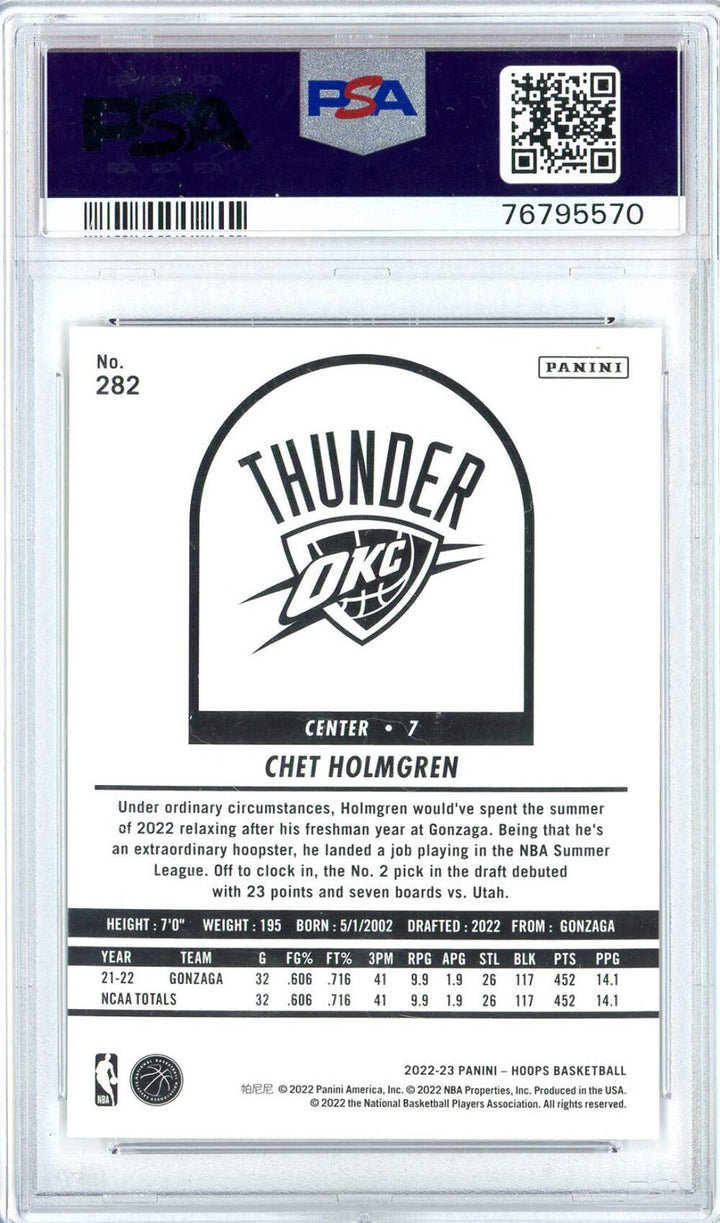 Graded 2022 Panini NBA Hoops Chet Holmgren #282 Rookie RC Basketball Card PSA 10