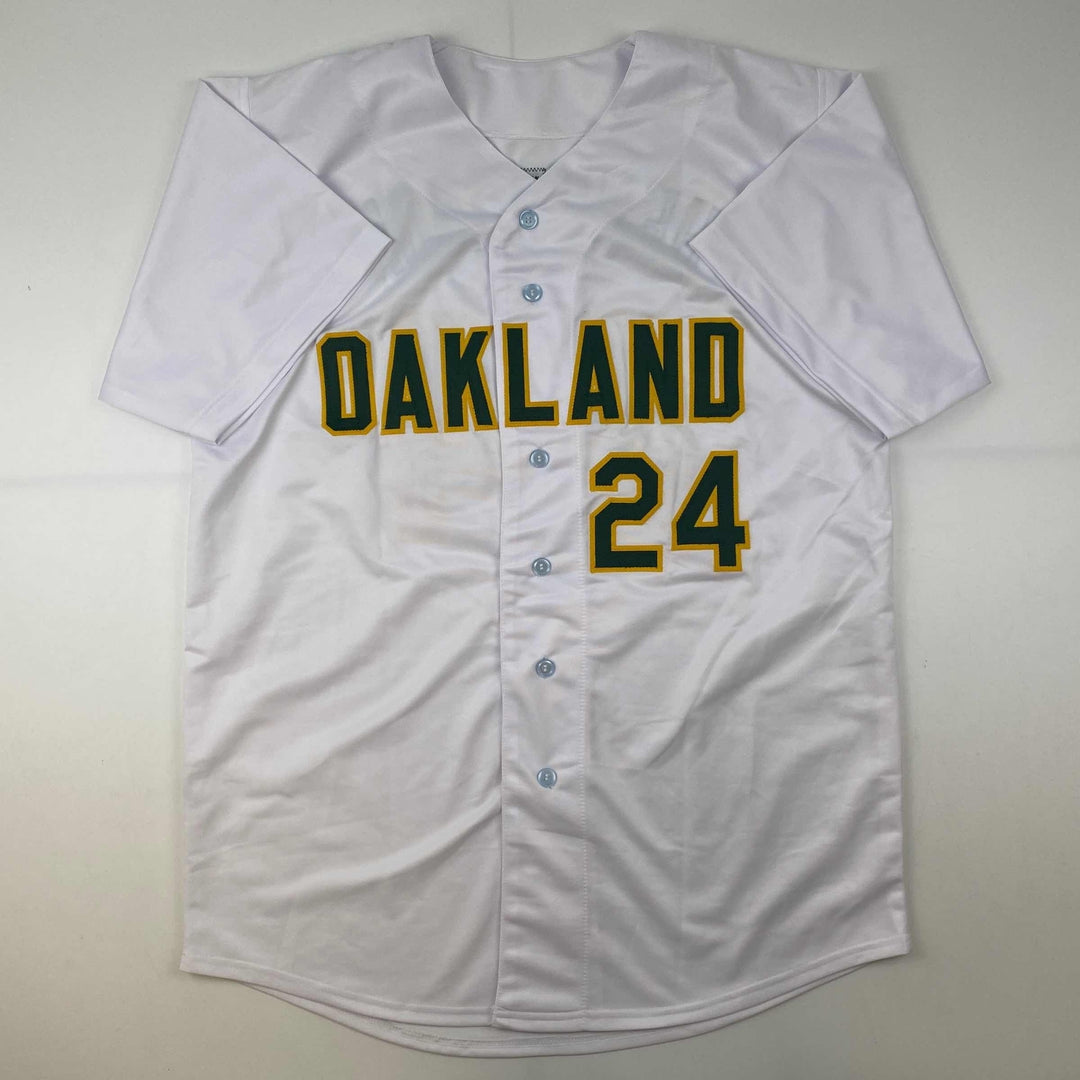 Autographed/Signed Rickey Henderson Oakland White Jersey Beckett BAS COA