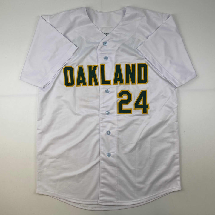 Autographed/Signed Rickey Henderson Oakland White Jersey Beckett BAS COA