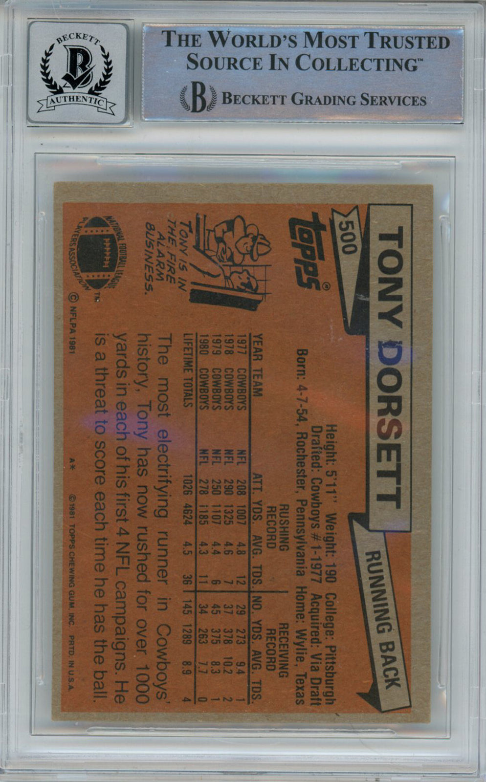 Tony Dorsett Autographed 1981 Topps #500 Trading Card Beckett 10 Slab 39271