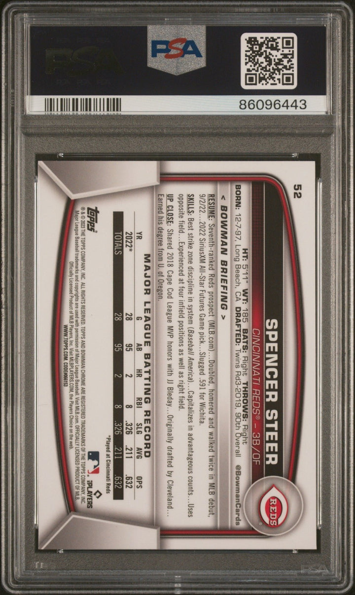 Graded 2023 Topps Bowman Chrome S/E Spencer Steer #52 RC Card PSA 10