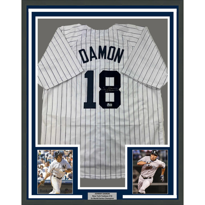 Framed Autographed/Signed Johnny Damon 35x39 New York Pinstripe Jersey BAS COA
