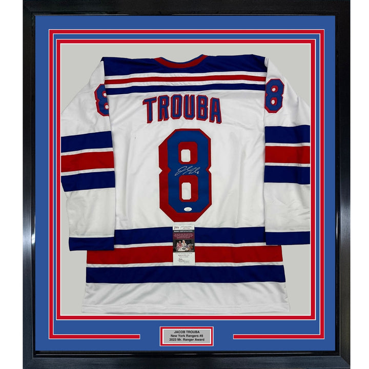 Framed Autographed/Signed Jacob Trouba 35x39 New York White Jersey JSA COA