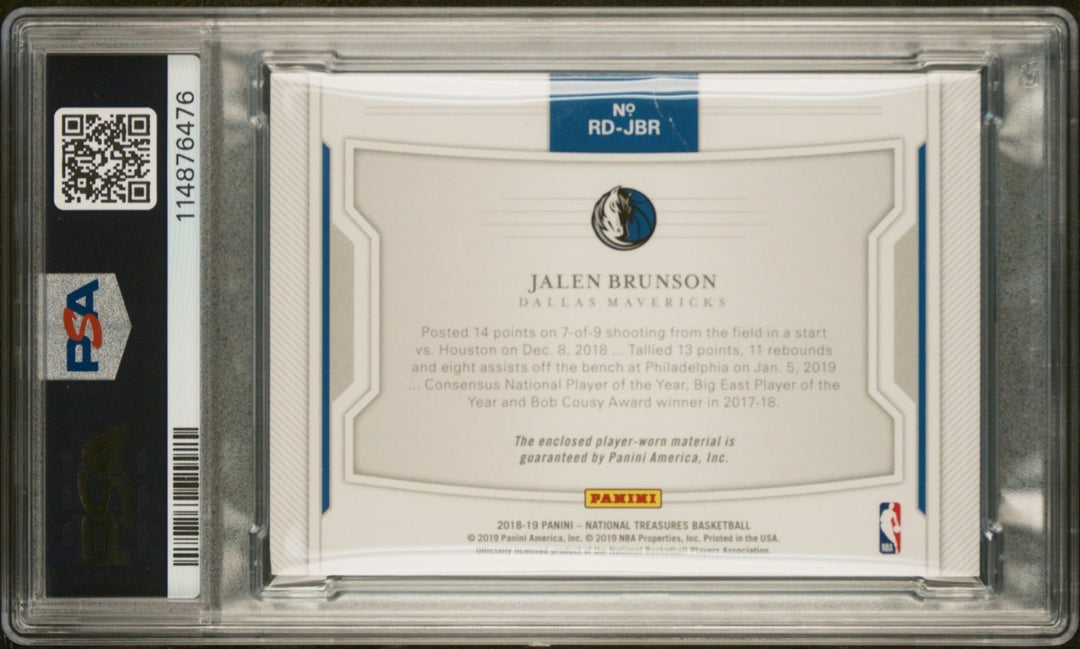 JALEN BRUNSON SIGNED 2018 PANINI NATIONAL TREASURES ROOKIE PATCH /25 PSA AUTO 10