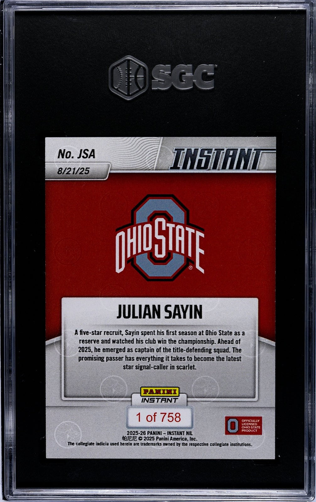 Graded 2025 Panini Instant NIL Julian Sayin #JSA Rookie Card SGC 10