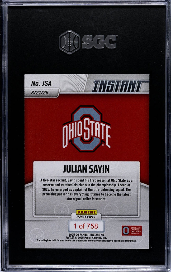 Graded 2025 Panini Instant NIL Julian Sayin #JSA Rookie Card SGC 10