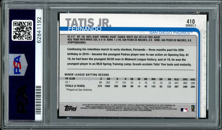 Fernando Tatis Jr Auto 2019 Topps 150th Anniversary RC 410 PSA 9 Sig 10 PSA/DNA