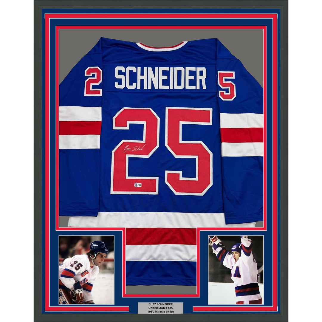 Framed Autographed/Signed Buzz Schneider 35x39 Miracle On Ice Jersey COA