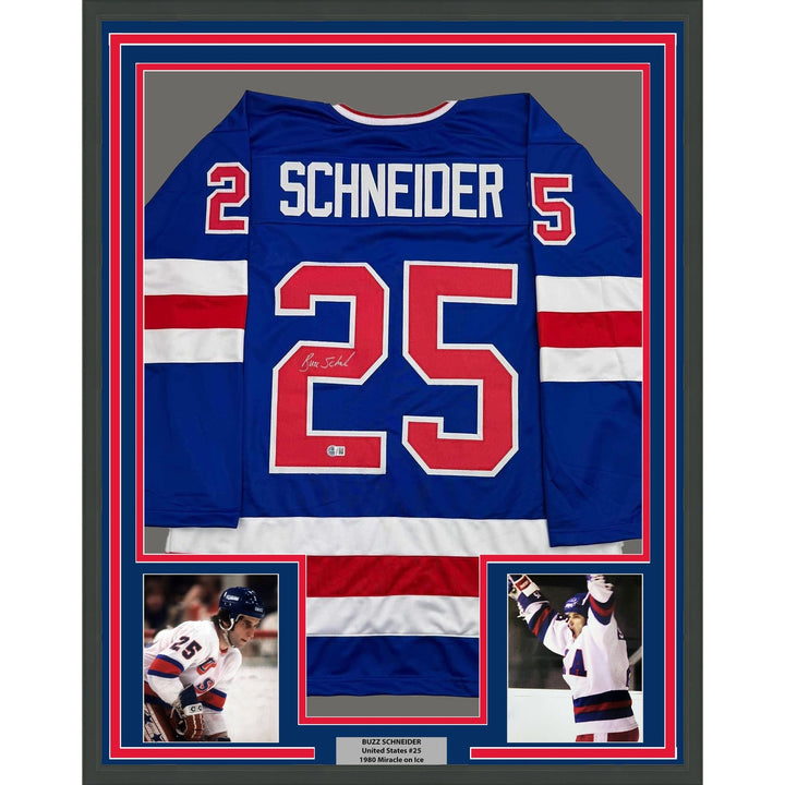 Framed Autographed/Signed Buzz Schneider 35x39 Miracle On Ice Jersey COA