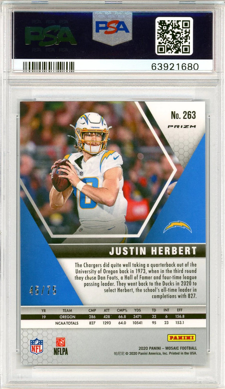 Justin Herbert 2020 Panini Mosaic No Huddle Blue Prizm Rookie Card #263 (PSA GM