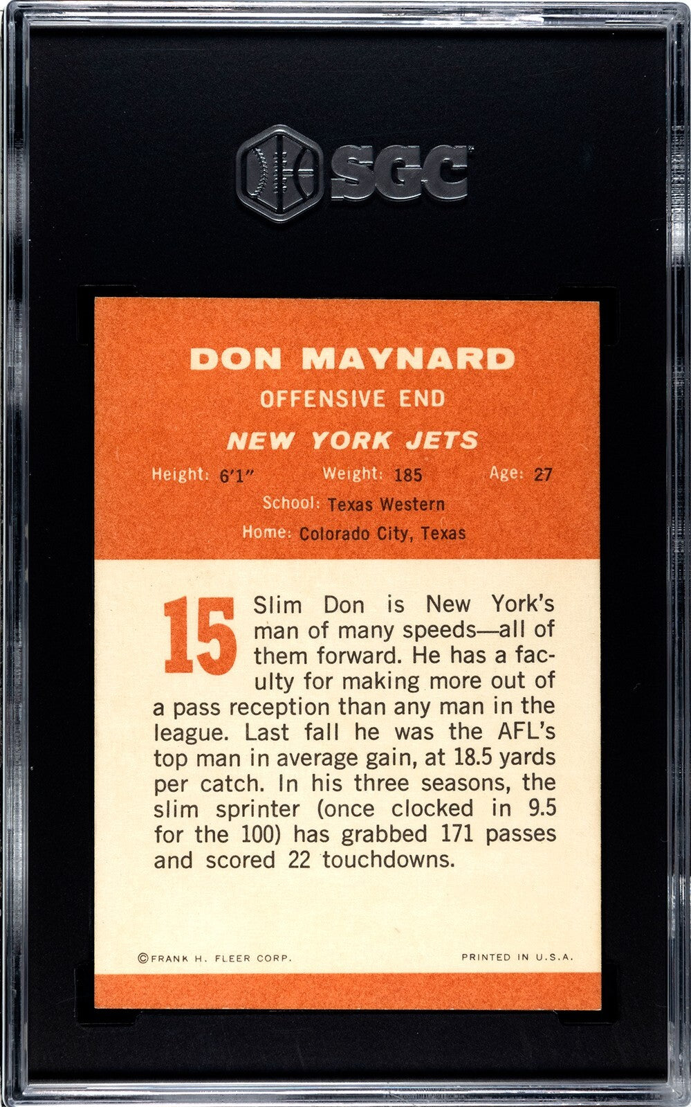 Don Maynard 1963 Fleer Football Card #13- SGC Graded 7 NM (Centered