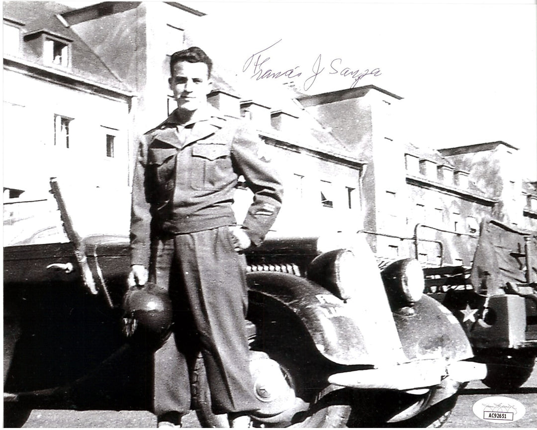 Francis Sanza signed WWII B&W General  Geo. Patton's Jeep Driver 8x10 Photo- JSA
