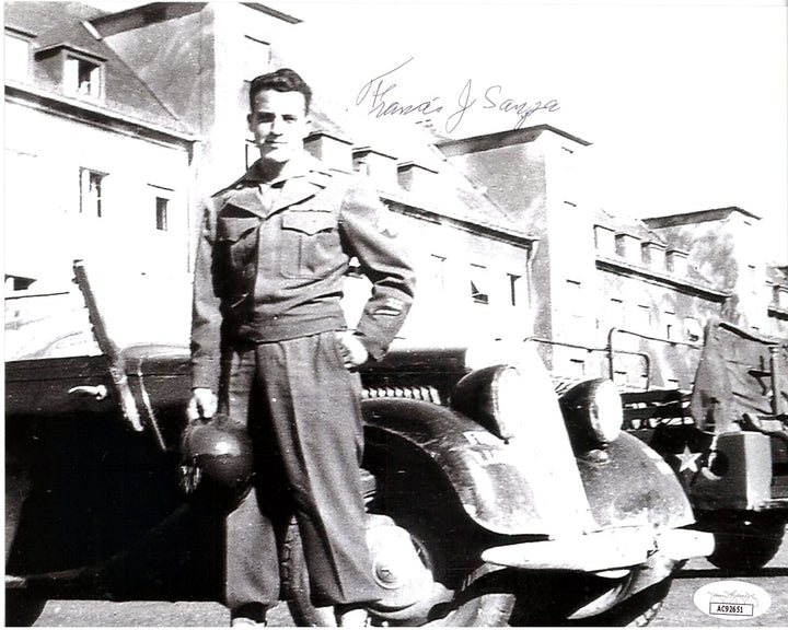 Francis Sanza signed WWII B&W General  Geo. Patton's Jeep Driver 8x10 Photo- JSA