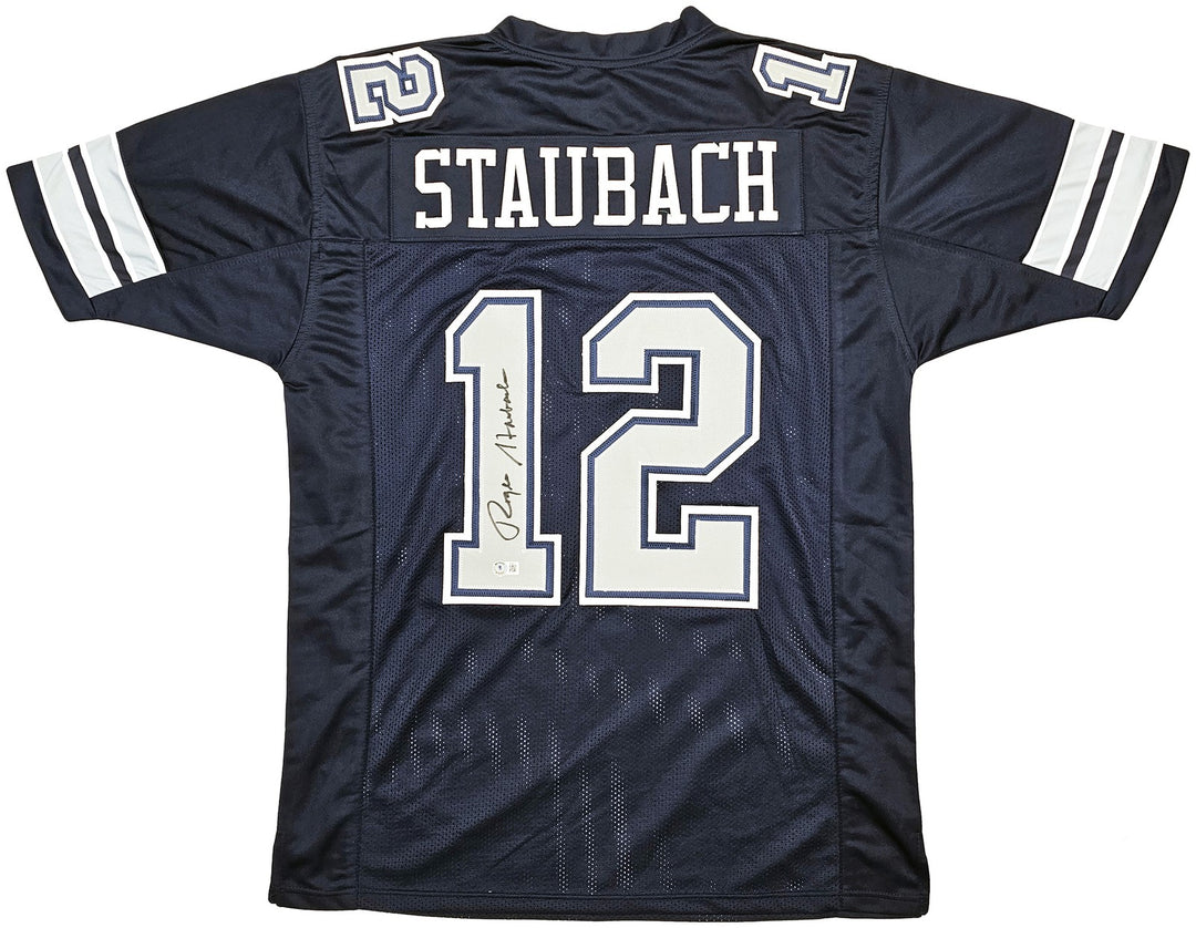 Dallas Cowboys Roger Staubach Signed Navy Blue Jersey Beckett Wit