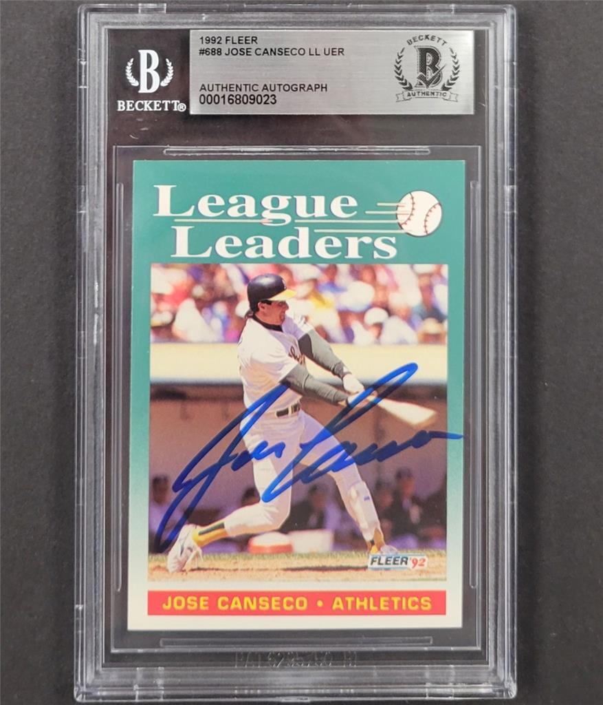 Jose Canseco signed 1992 Fleer League Leaders #688 card auto ~ Beckett BAS