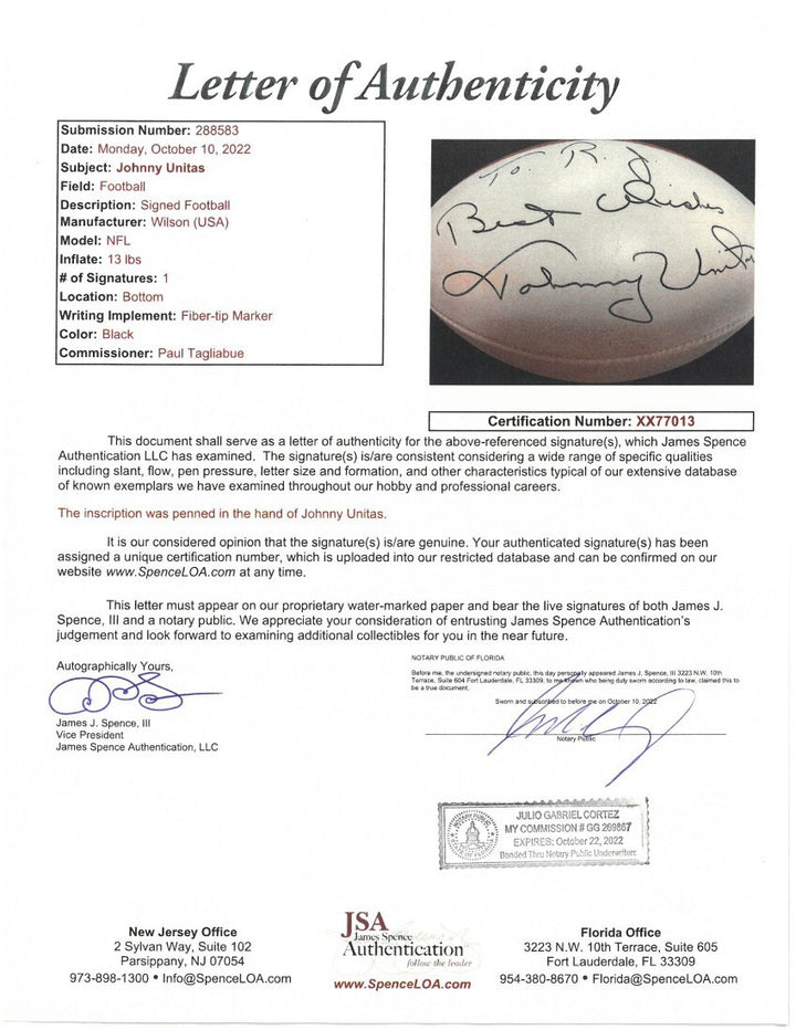 Johnny Unitas signed Wilson NFL White Panel Tagliabue Football To RJ - JSA LOA