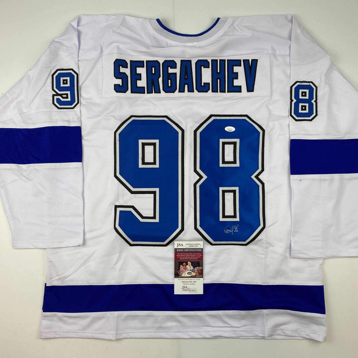 Autographed/Signed Mikhail Sergachev Tampa Bay White Hockey Jersey JSA COA