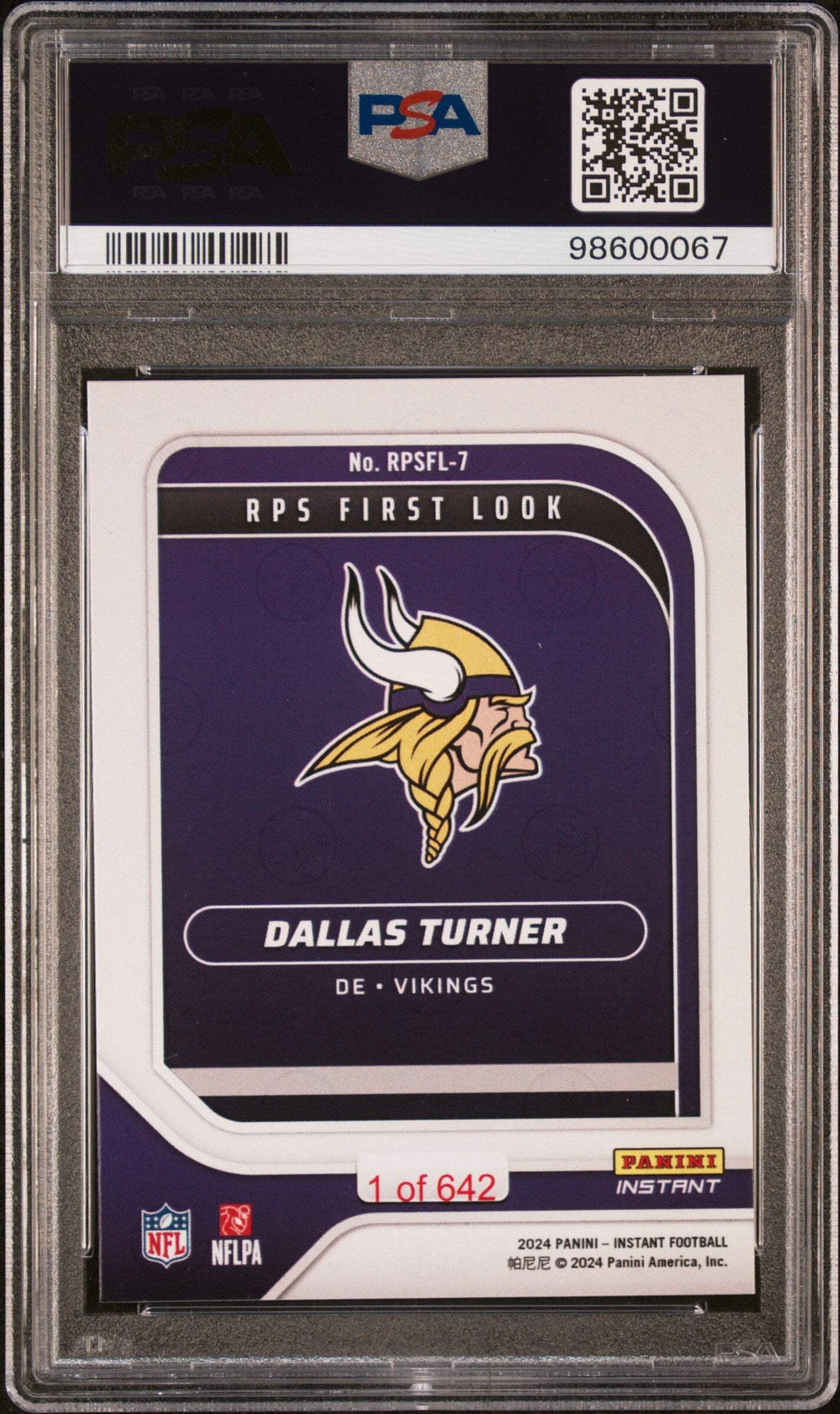 Graded 2024 Panini Instant NFL Dallas Turner #RPSFL7 RC Football Card PSA 10