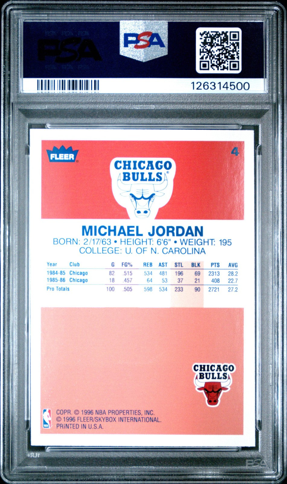 Graded 1996 Fleer Michael Jordan #4 DOE Rookie Reprint Card PSA 9 Mint