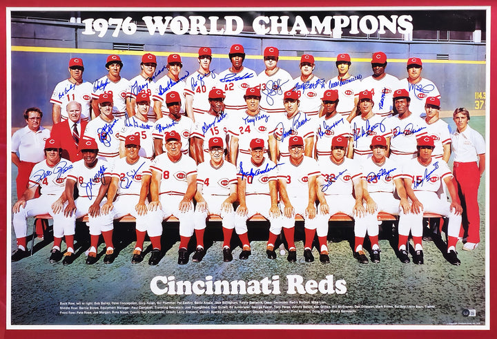 1976 Cincy Reds Big Red Machine Team Signed Framed 24x36 Poster With 27 Sigs BAS