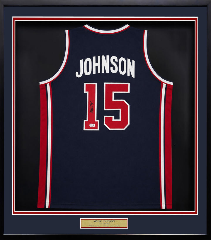 Magic Johnson Signed Framed Blue All Star Jersey Beckett BAS Witness
