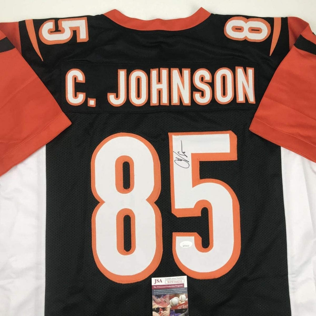 Autographed/Signed CHAD JOHNSON Cincinnati Black Jersey JSA COA Auto